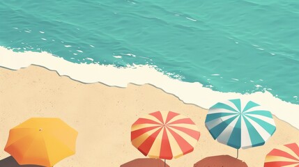 Colorful beach umbrellas on sandy shore with turquoise ocean waves, refreshing tropical escape for vacation and relaxation.