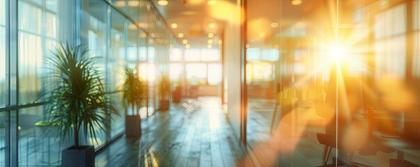 Canvas Print - Blurred modern office interior with glass walls and sun rays