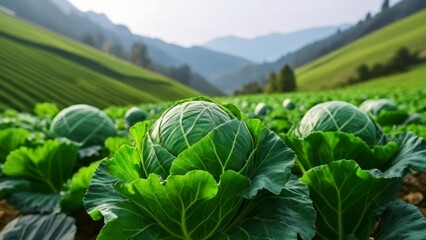 Poster -  Vibrant green cabbage field ready for harvest