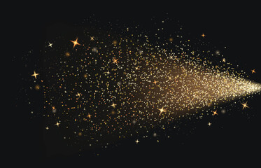Wall Mural - star trail or spray splash with golden glow magic dust and sparkles on black background. gold glitte