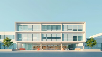 Wall Mural - modern educational building illustration with innovative design and flexible spaces, minimalist back
