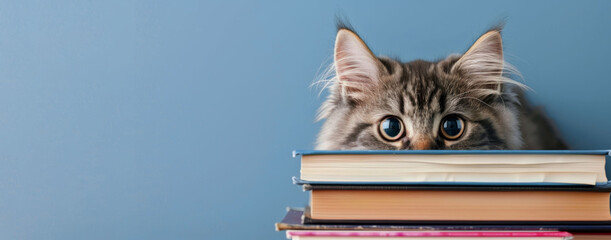 Wall Mural - Cat reads a book on an blue background with space for text. Banner, copyspace