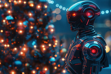 Futuristic robot standing near a christmas tree with fairy lights