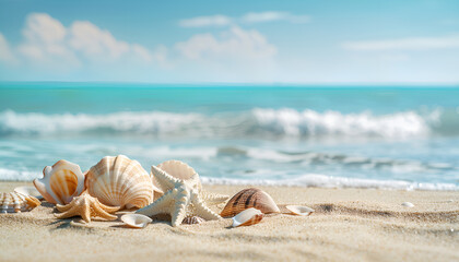 Wall Mural - Summer photo of shells on beach and free space for your decoration