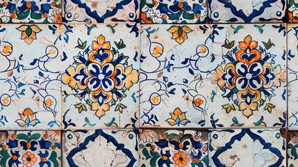 Sticker - Close up of a Persian tile pattern with white color and floral motifs