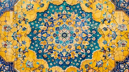 Poster - Close up of a Persian tile pattern with yellow color and floral motif