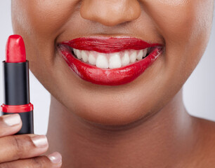 Poster - Beauty, lipstick and smile of woman in studio for cosmetics products, makeup and skincare. Cosmetology, aesthetic and closeup of lips of person with lipgloss, shine and red color on white background