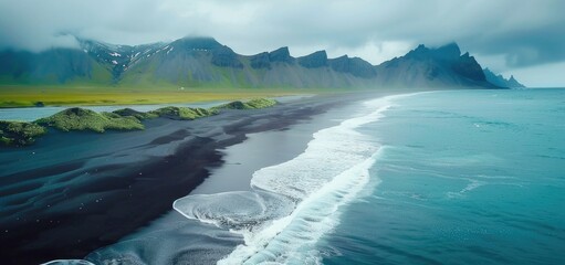 Wall Mural - Black sand beach with waves, drone view.