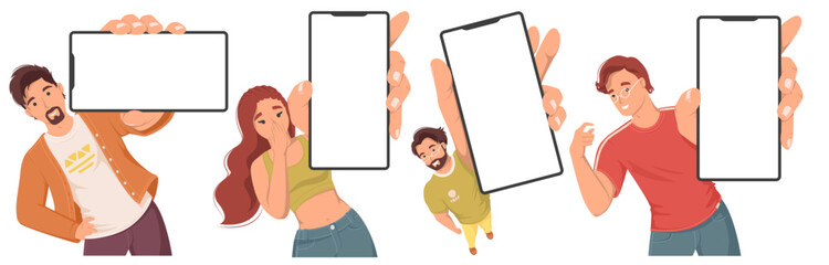 People cartoon characters holding smartphone showing empty mobile screen advertising sale discount, recommending application, promoting new technology or internet communication vector illustration set
