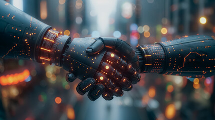 Poster - two robots shaking hands on a digital background with glowing dots and lines, symbolizing technology