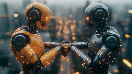 Poster - two robots shaking hands on a digital background with glowing dots and lines, symbolizing technology