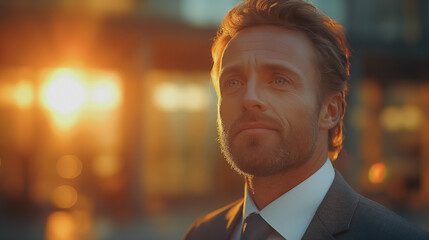 Poster - Man standing in bright light, business success, confident demeanor, modern office setting, professional look