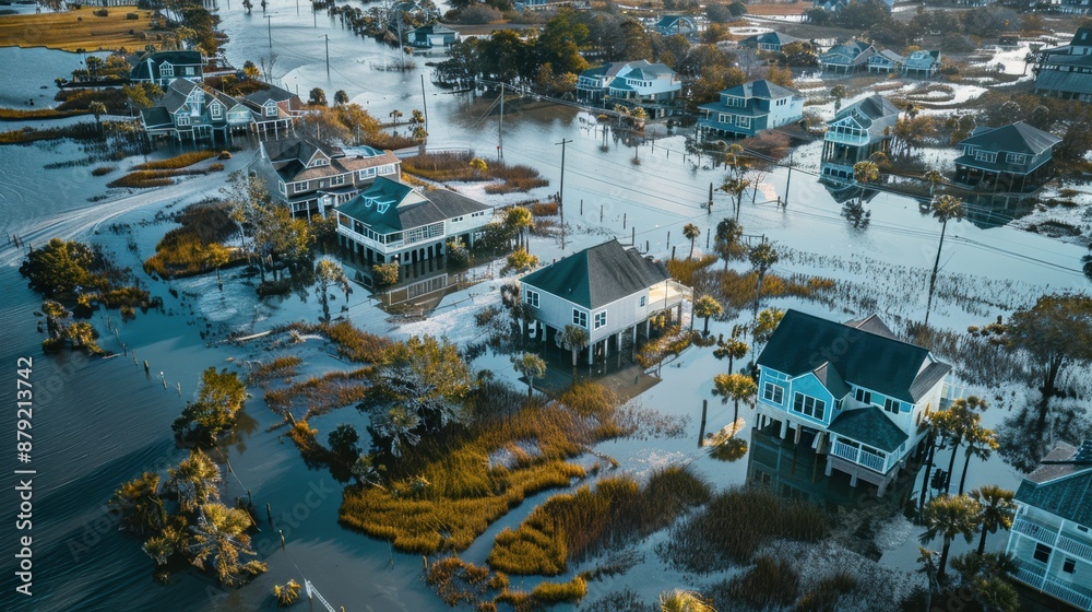 A coastal area with homes and streets submerged due to rising sea ...