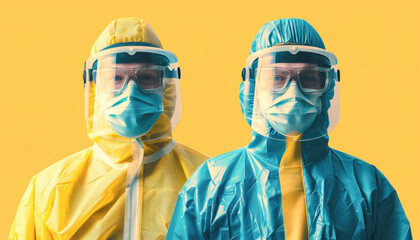 Two men in protective suits and masks stand together, wearing workwear and safety gear