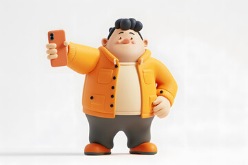 Poster - 3d cartoon guy character using cell phone and taking a selfie isolated on white background