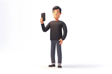 Poster - 3d cartoon guy character using cell phone and taking a selfie isolated on white background