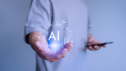 Poster - Displaying on a virtual screen, user show AI application icon for security protection, leveraging AI technology to facilitate smooth global internet-connected chatbot conversations.