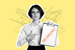 © deagreez - Composite photo collage of serious strict girl point deadline clipboard documentation executive worker isolated on painted background