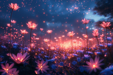 glowing flowers blooming under night sky with stars