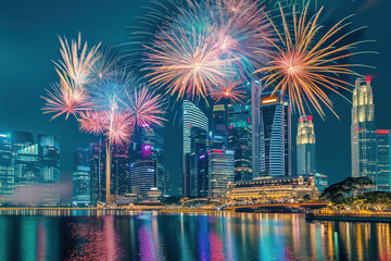 Wall Mural - Colorful fireworks exploding over singapore's business district at night