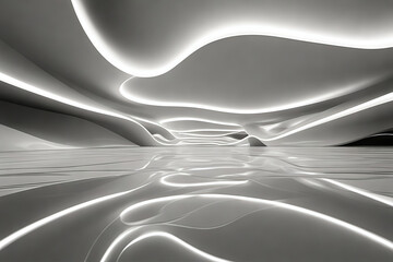 Poster - Abstract wave shape white building with floor reflection 3d rendering