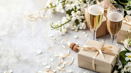 Poster - Wedding planner background with champagne glasses flowers and gift box