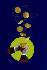 Poster - Vertical collage picture 3d hands body fragment hold cup golden coins bunch collect money dollars rich wealthy investor trader