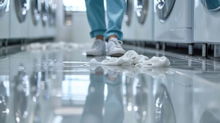 A person in blue pants and white sneakers stands among spilled white clothes on the shiny tiled floor of a modern laundry room filled with washing machines.