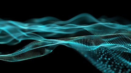 Poster - Technology flow background. Futuristic waves and green dots. 3D rendering.