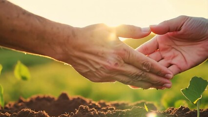 Wall Mural - A close-up photo of a senior couple gardening together, their hands working in unison