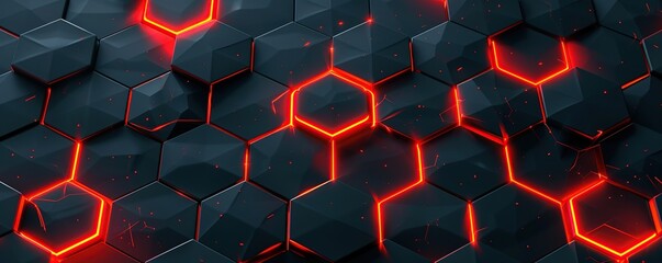 Wall Mural - Abstract Hexagon Pattern with Glowing Red Lines