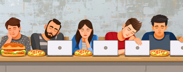 Poster - A group of people are sitting at a table with laptops and pizza. They are all sleeping or resting