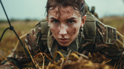 A woman in a camouflage uniform is laying on the ground