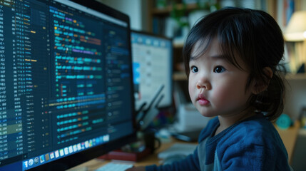 Poster - A young girl is sitting in front of a computer monitor, looking at the screen. She is focused on the computer, possibly working on a project or playing a game. Concept of curiosity and concentration