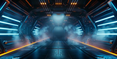 Poster - This is an abstract tunnel, corridor, with light rays and new highlights. Abstract blue background, neon, scene with rays and lines, round arch, light in motion, at night.