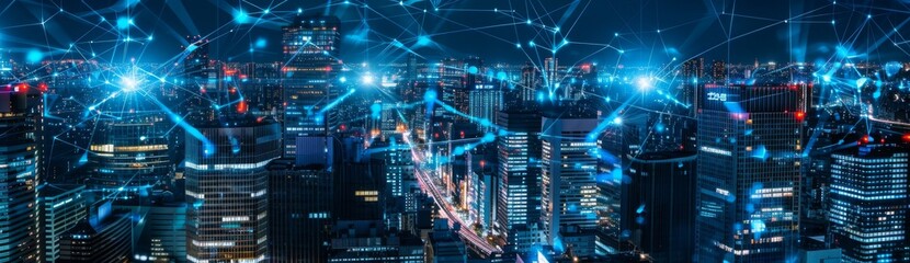 Poster - The city is buzzing with technology connectivity in blue tones.