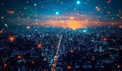 Poster - the concept of a modern city with wireless network connection and cityscape. wireless network techno