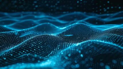 Poster - Background with a dynamic wave and abstract green dots. 3D rendering.