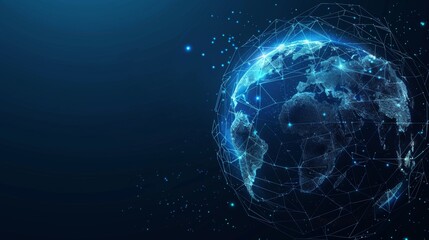 Poster - Detailed blockchain technology futuristic background with globe and polygons peer-to-peer network. Global blockchain business banner.