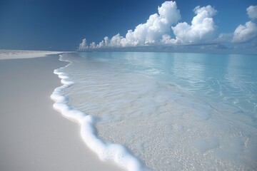 Wall Mural - A White Sandy Beach With Crystal Clear Water And Fluffy Clouds On A Sunny Day