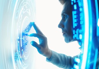 Poster - Conceptual background with abstract technology, innovation, network, big data and internet concept with hand touching complex circular diagram on digital screen