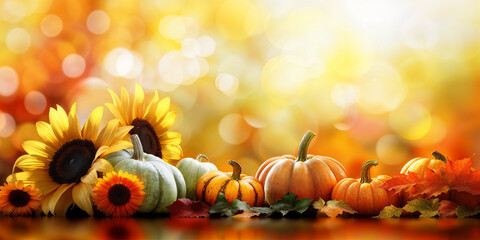 Wall Mural - Autumn festive background, fall leaves pumpkins and sunflowers, Thanksgiving colorful banner