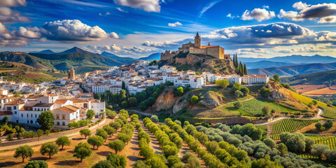 Wall Mural - Vibrant blue sky meets rolling hills and olive groves in this breathtaking panoramic view of Ardales, a picturesque Andalusian village in Malaga, Spain.