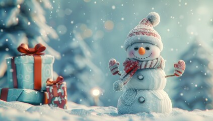 Wall Mural - Cheerful Snowman with Presents in Snowy Winter Wonderland