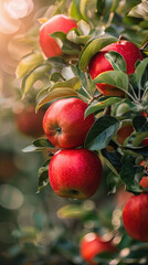 Wall Mural - Red apples on a tree. Fresh ripe red apples background. close-up of apple fruit with green leaves in the background. Fresh fruit