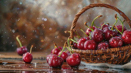 Wall Mural - Fresh Fruit. Red cherries in a basket. Water droplets on the red cherries. Close-up of fresh red cherries