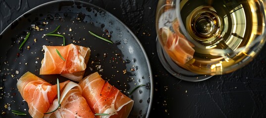 Sticker - Prosciutto-Wrapped Melon and White Wine on Black Background