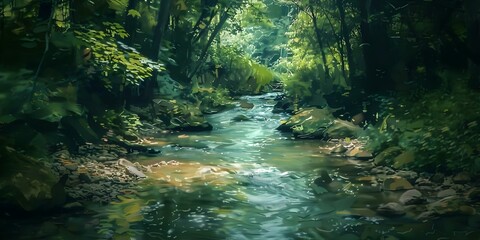 Wall Mural - Tranquil Forest Stream in Digital Painting Style Perfect for Ecotourism Promotions. Concept Ecotourism, Forest Stream, Digital Painting, Tranquility, Nature Illustration