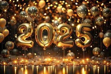 Wall Mural - Happy New Year 2025. Helium balloons made of gold foil with the numbers 2025 and confetti on a black background. A festive poster or banner for a party and New Year's Eve.