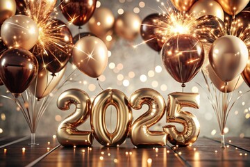 Sticker - Happy New Year 2025. Helium balloons made of gold foil with the numbers 2025 and confetti on a black background. A festive poster or banner for a party and New Year's Eve.